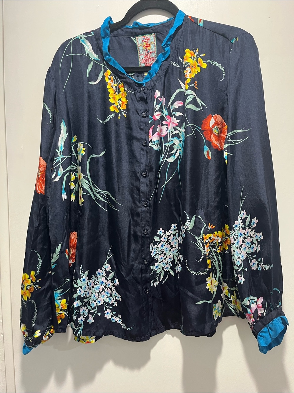 Johnny Was Navy Floral Button-Front Blouse with Teal Trim